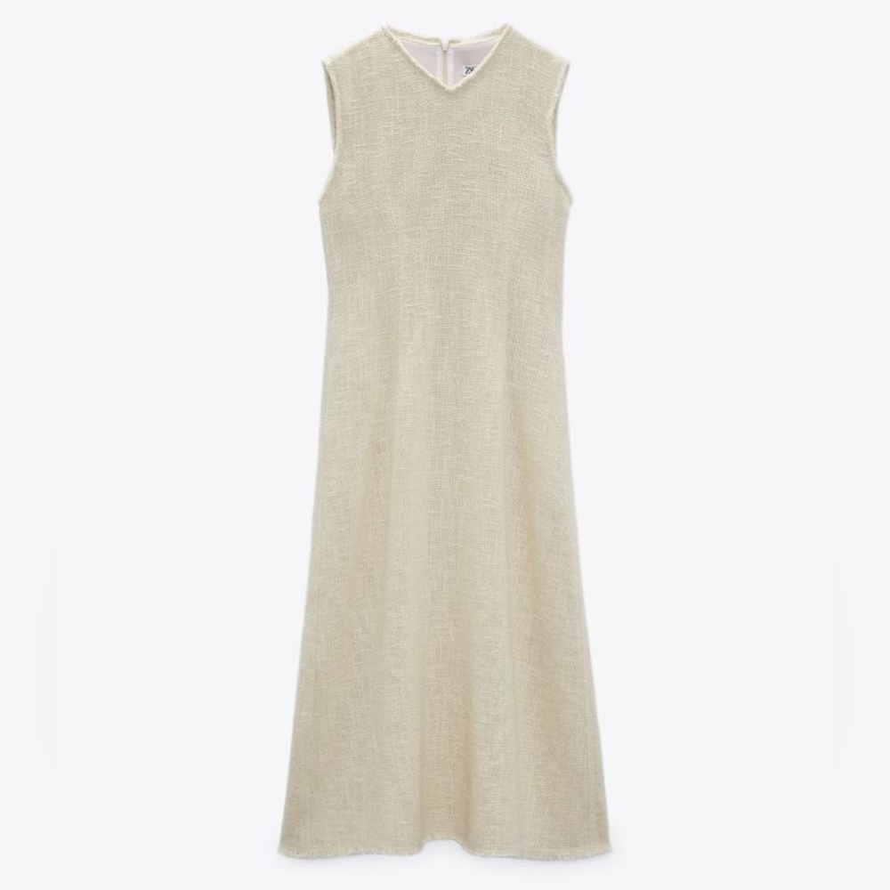 Zara Woven‎ Cotton Off-White Sleeveless Midi Dress With Pockets Size Small S NWT